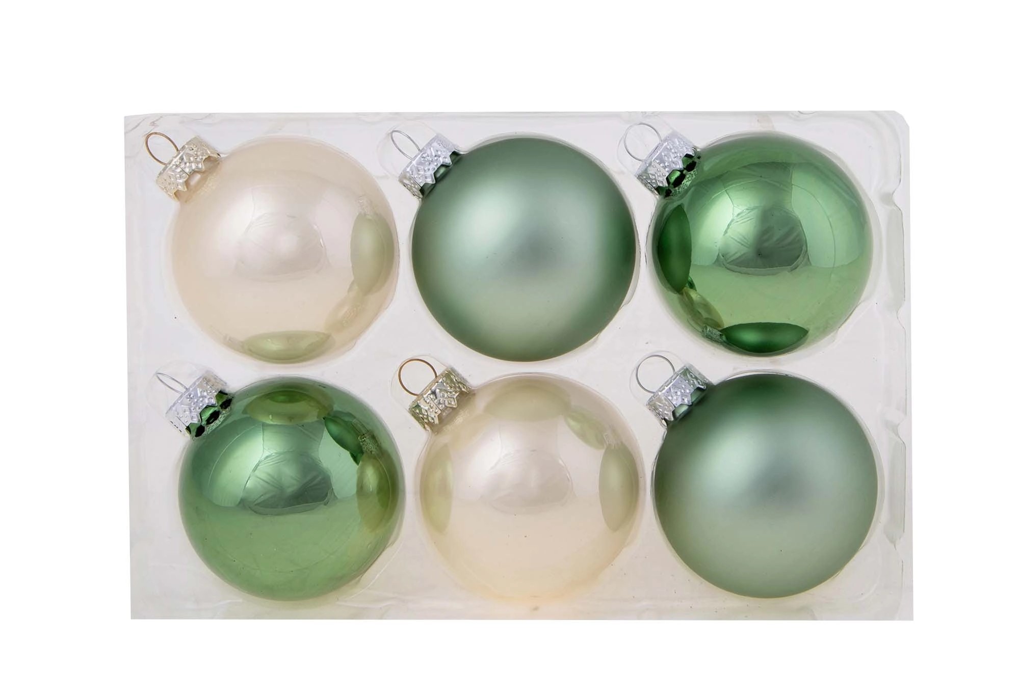 Set palline di Natale in vetro verde e crema H 8 cm x Ø 8 cm 6 pz Set palline di Natale in vetro verde e crema H 8 cm x Ø 8 cm 6 pz