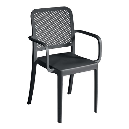 Sedia da giardino forata con braccioli impilabile in polipropilene nera Sedia da giardino forata con braccioli impilabile in polipropilene nera