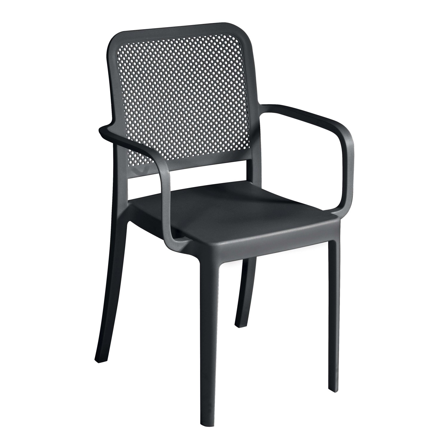 Sedia da giardino forata con braccioli impilabile in polipropilene nera Sedia da giardino forata con braccioli impilabile in polipropilene nera
