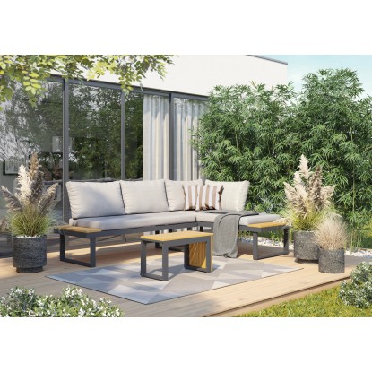 Salotto da giardino angolare Lipson in alluminio con inserti in legno 4 posti Salotto da giardino angolare Lipson in alluminio con inserti in legno 4 posti