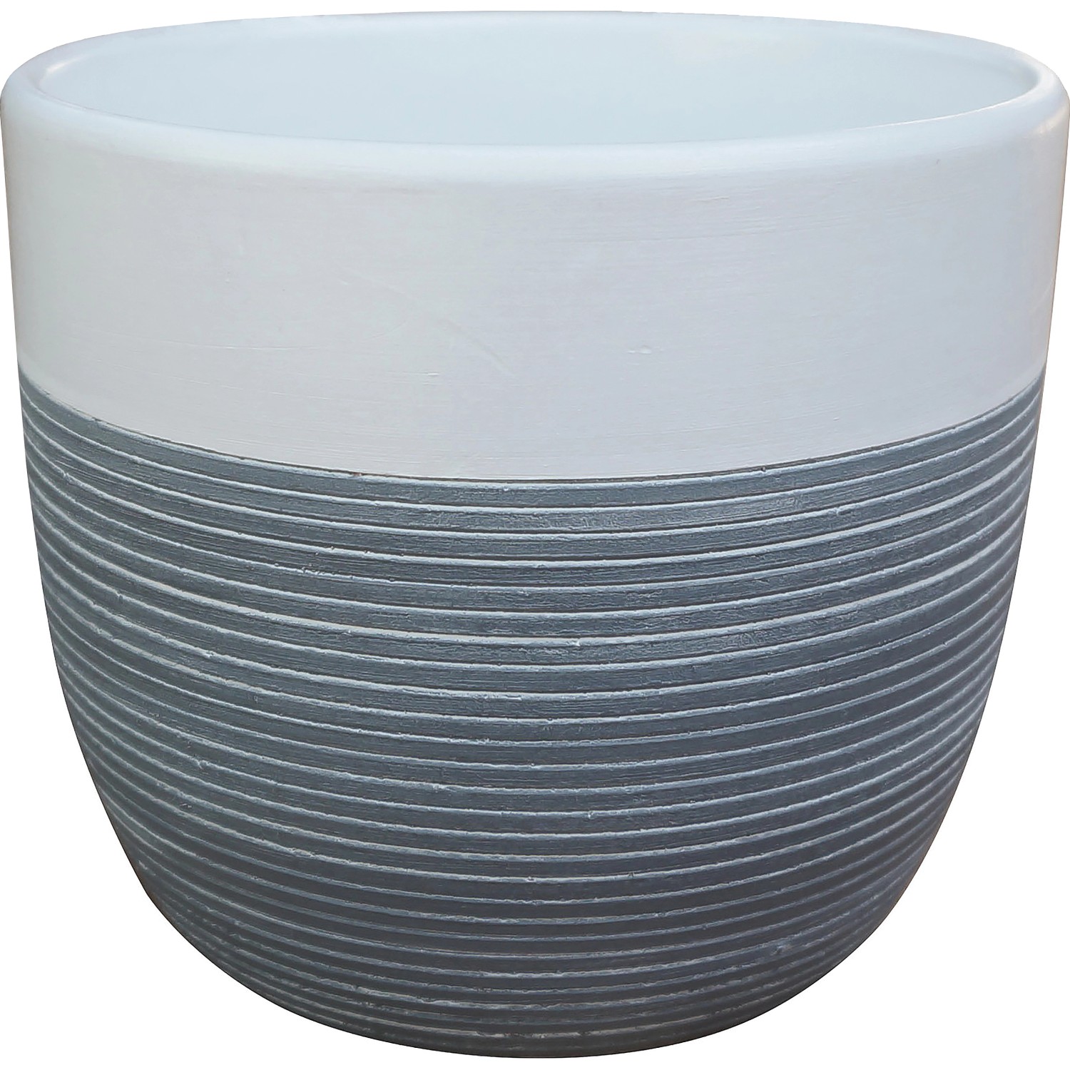 Portavaso da interno in ceramica a righe Ø 13,5 x H 12,5 cm bianco e grigio Portavaso da interno in ceramica a righe Ø 13,5 x H 12,5 cm bianco e grigio