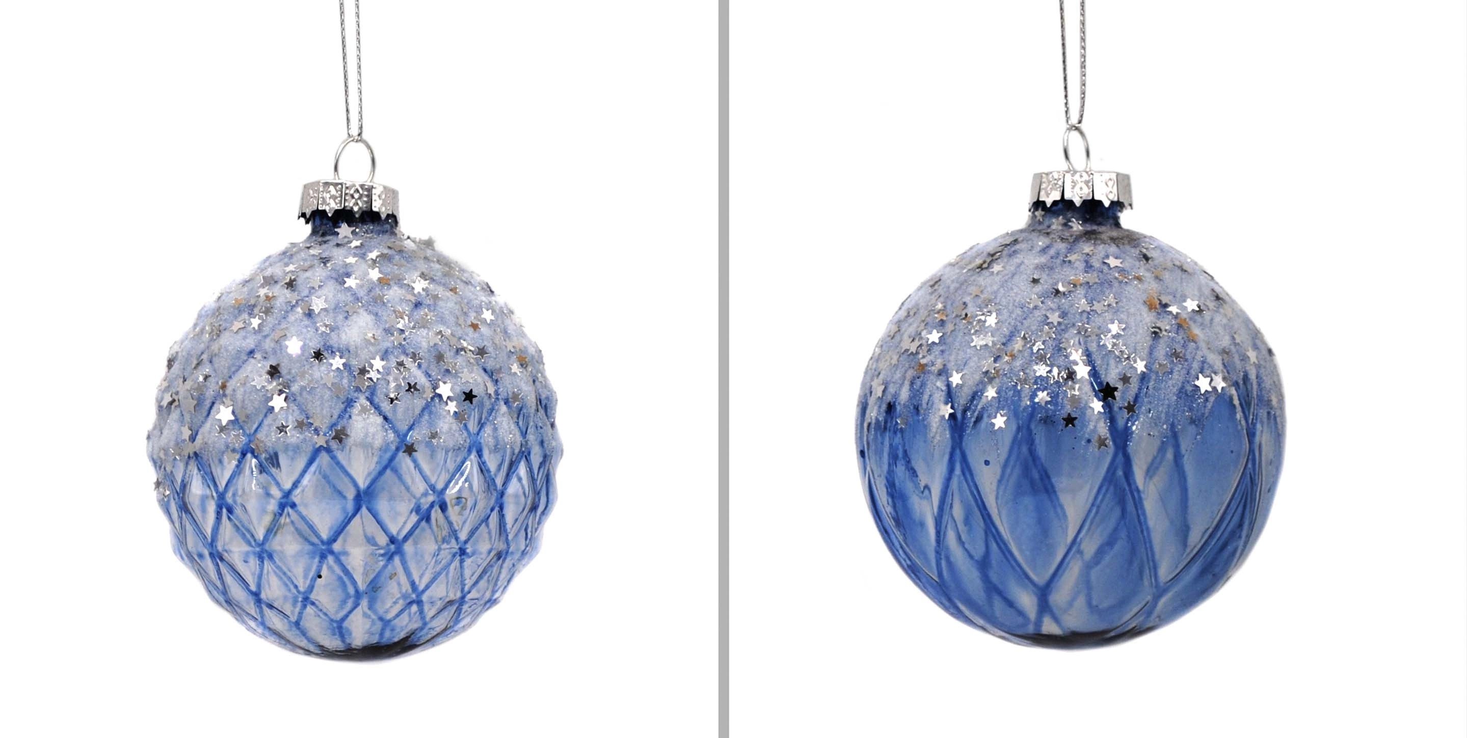 Pallina di Natale in vetro azzurra Ø 8 cm decori assortiti Pallina di Natale in vetro azzurra Ø 8 cm decori assortiti