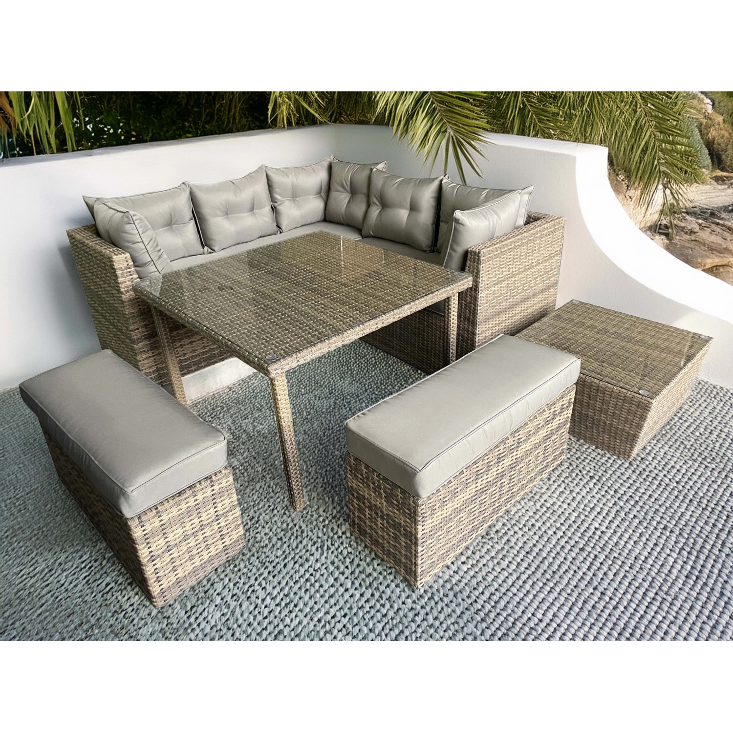 Salotto da giardino angolare in finto rattan marrone 6-8 posti Salotto da giardino angolare in finto rattan marrone 6-8 posti