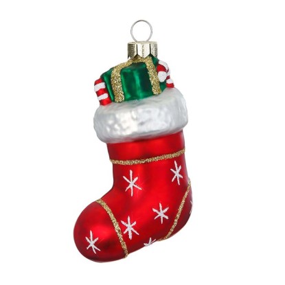 Pendaglio in vetro calza natalizia con regali rosso 7 cm Pendaglio in vetro calza natalizia con regali rosso 7 cm