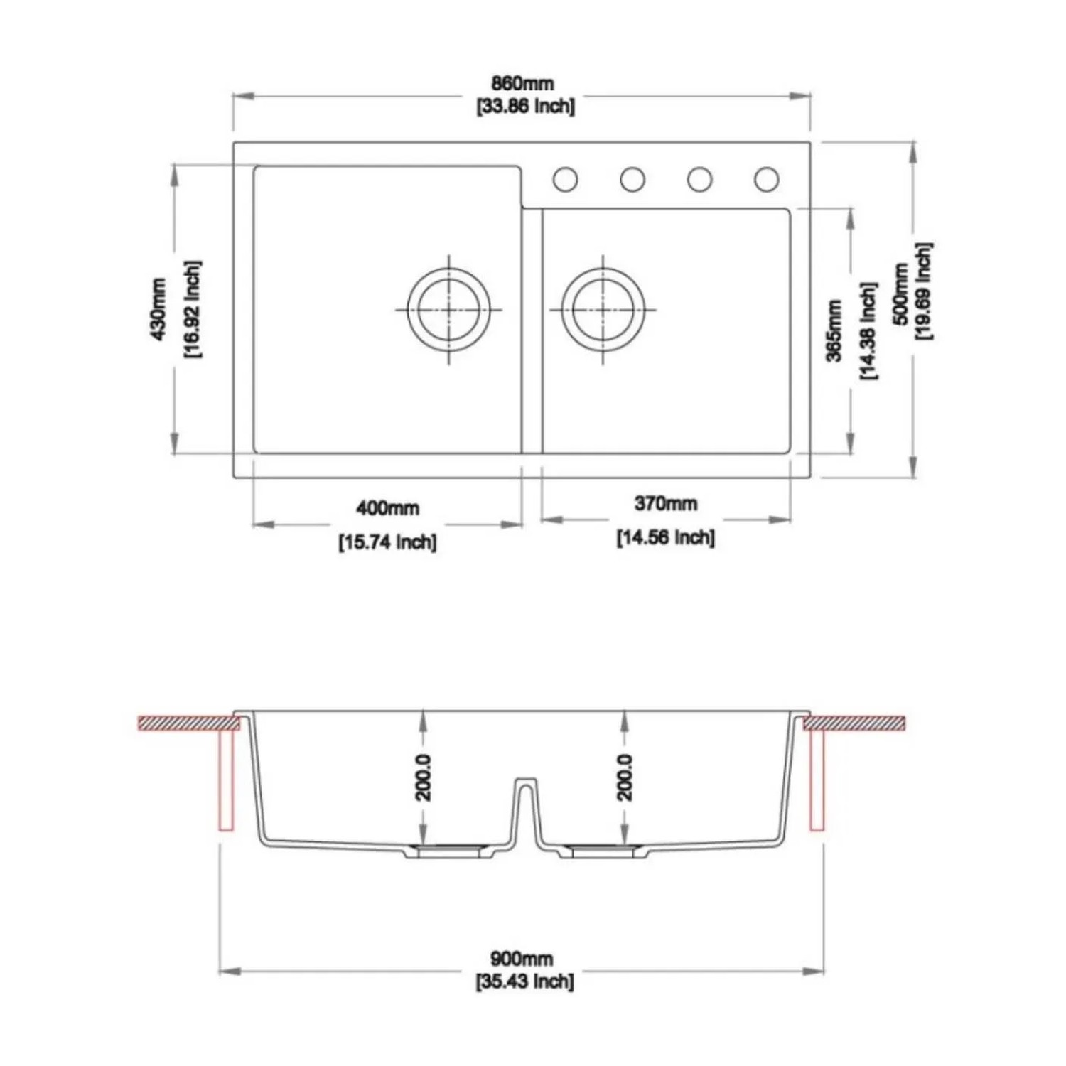 Schizzo lavello: Lavello in acciaio inox a due vasche con dimensioni per montaggio e installazione.