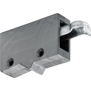 Dettaglio di un componente cerniera per mobili grigio con perno in metallo.