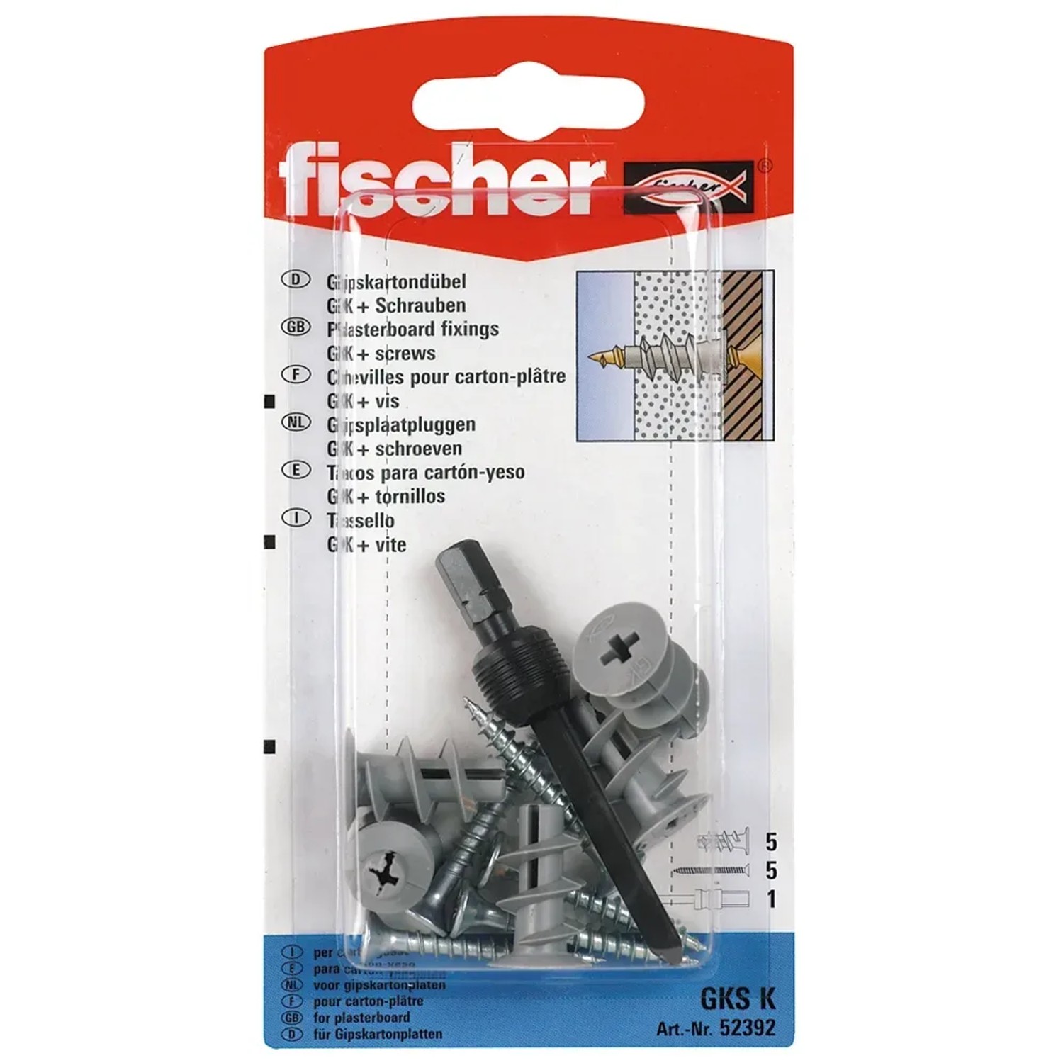 Fischer tasselli per cartongesso GKS K con viti e strumento di montaggio, 5 pezzi.