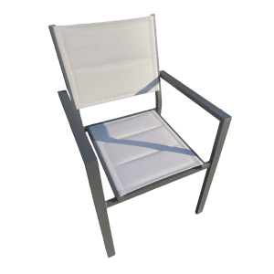 Sedia da giardino t.b.t. con struttura grigia e seduta bianca.