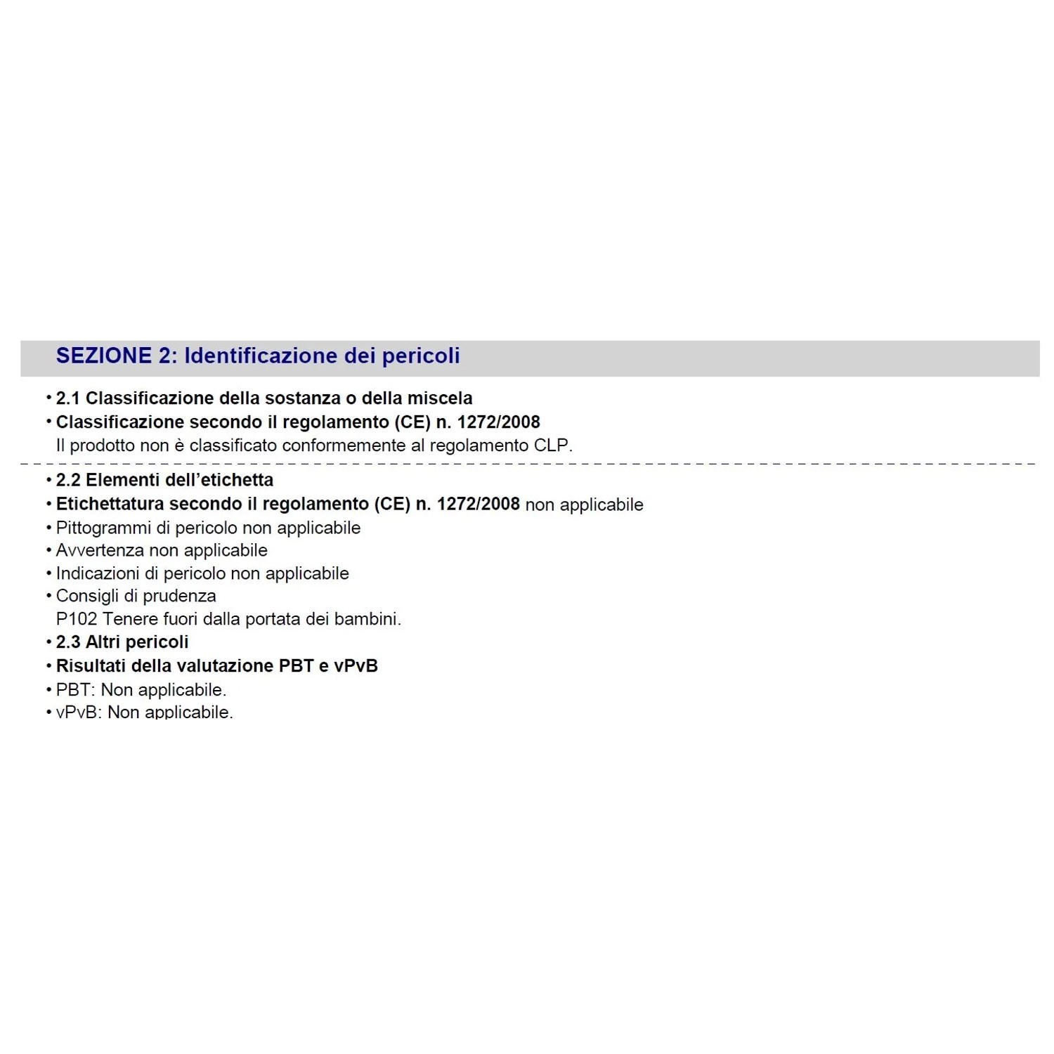 Estratto della scheda di sicurezza: Sezione 2, indicazioni di pericolo e consigli di sicurezza.