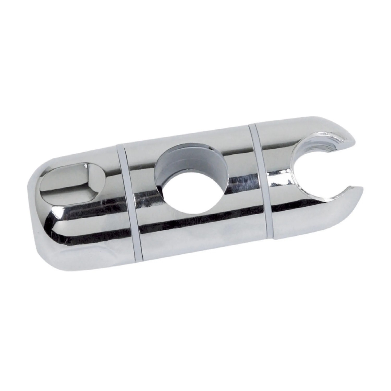 Supporto cromato per accessori doccia.
