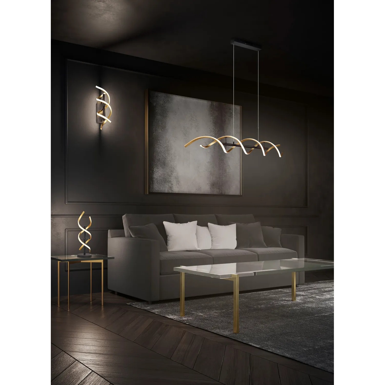 Lampada a sospensione Trio LED Sequence color oro, 104,5 cm, in soggiorno.