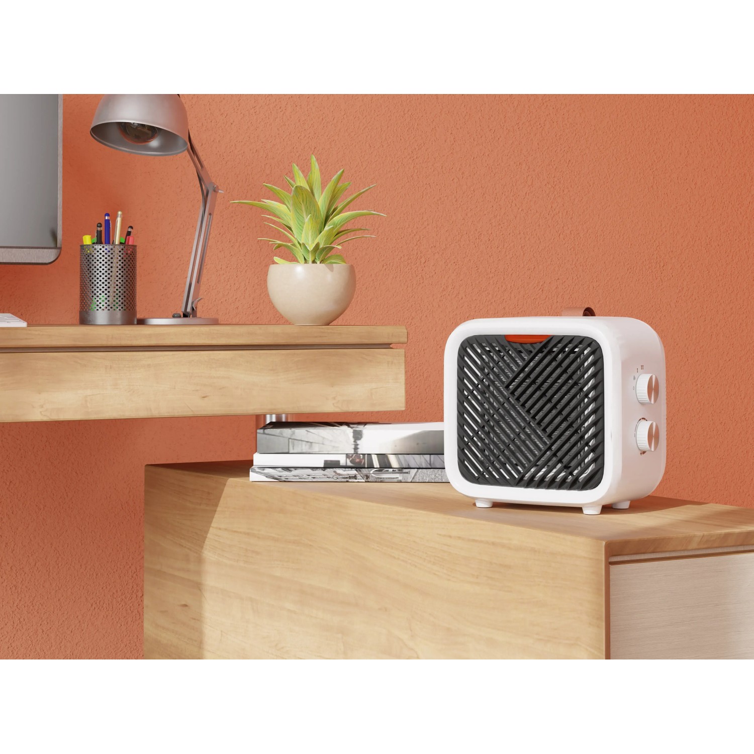 Termoventilatore ceramico Nevala 2in1 bianco compatto con ventilatore su un tavolo.