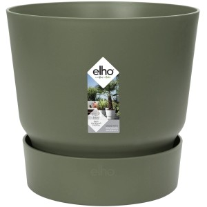 Vaso per fiori rotondo Elho Greenville, 16 cm, verde foglia. Vaso in plastica con sottovaso integrato.
