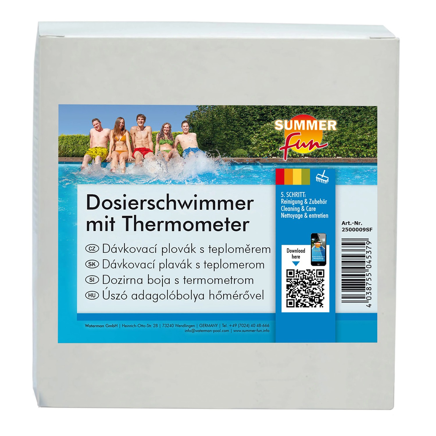 Confezione Summer Fun dosatore con termometro per la cura della piscina.