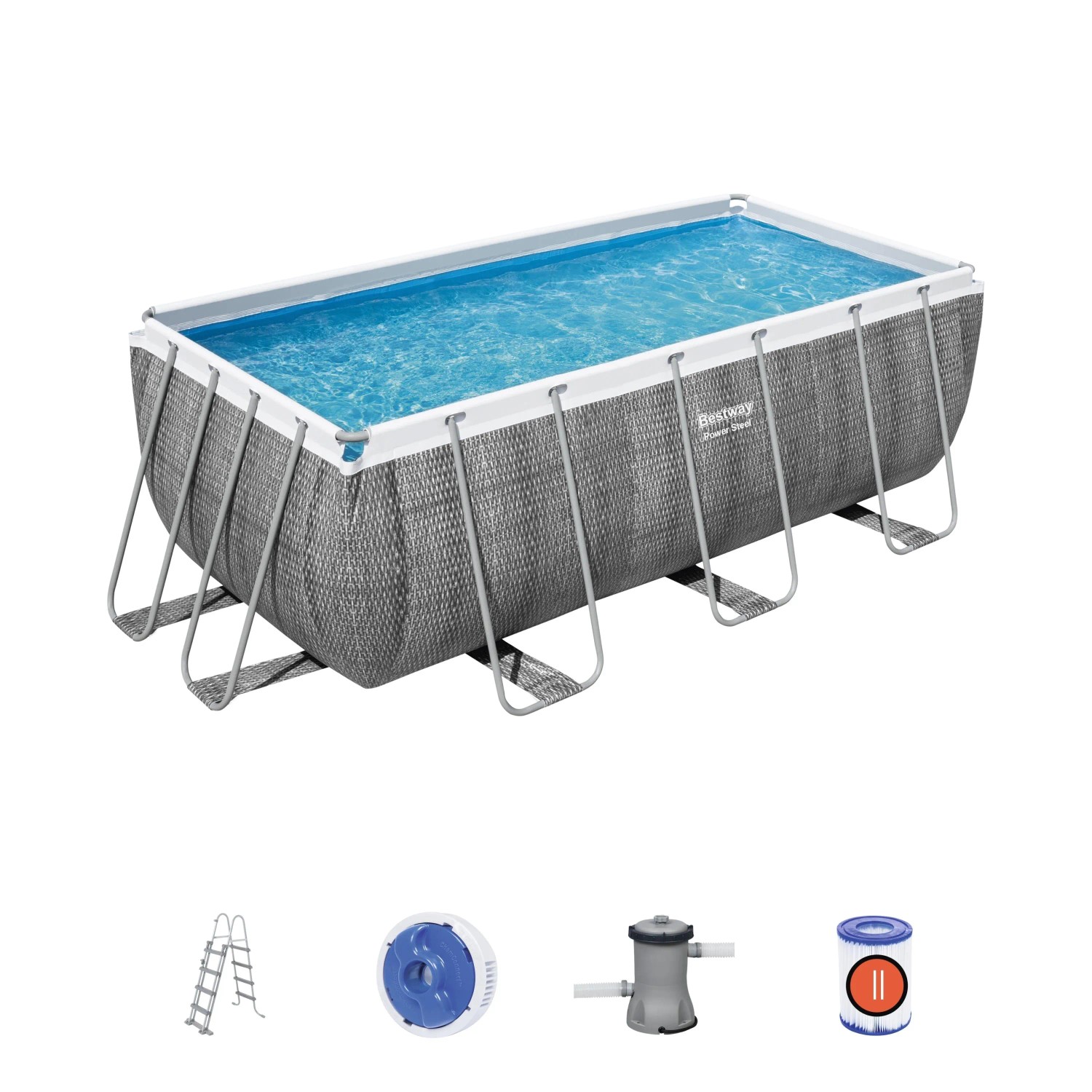 Piscina rettangolare con struttura e set di accessori per un divertimento balneare spensierato in giardino.