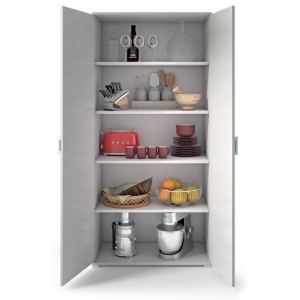 Mobile da cucina/armadio multiuso bianco aperto con utensili da cucina e cibo.