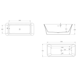 Disegno tecnico della vasca freestanding t.b.t. con dimensioni.