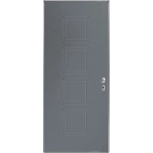 Porta blindata t.b.t. grigia con quattro pannelli quadrati.