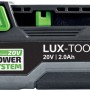 Batteria LUX 20 V Li-Ion 1 PowerSystem 2 Ah per elettroutensili, grigio/nero con dettagli verdi.