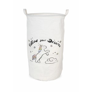 Cesto portabiancheria bianco con motivo unicorno e manici.