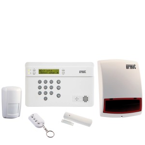 Kit sistema di allarme: centrale, sensore di movimento, telecomando, sensore porta, sirena.