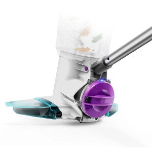 Dettaglio di un aspiratore per piscina con dettagli viola e contenitore di raccolta trasparente.