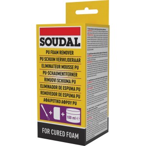 Soudal rimuovi schiuma indurita, flacone da 100 ml in confezione gialla. Rimuove la schiuma PU.