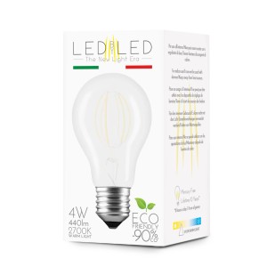 Lampadina LED E27 nella scatola: 4W, 440lm, 2700K bianco caldo, efficiente dal punto di vista energetico ed ecologica.