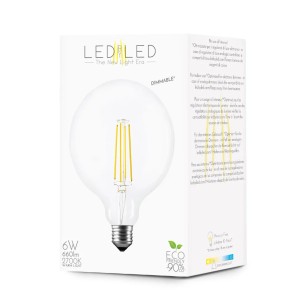 Lampadina LED E27 nella scatola: Lampadina a globo dimmerabile con luce bianca calda.