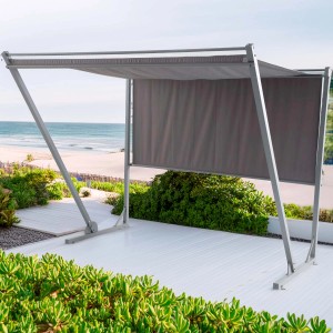 Gazebo t.b.t. grigio moderno con pannelli in tessuto, sfondo spiaggia.