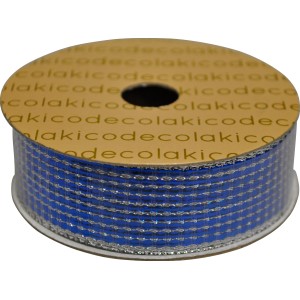 Nastro regalo blu con dettagli argentati su rotolo per decorazioni natalizie.