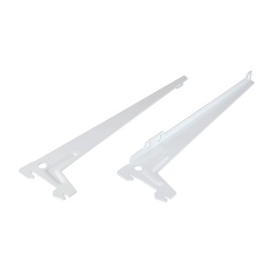 Due staffe angolari bianche a un foro, 28 cm, per mensole e costruzione di mobili.