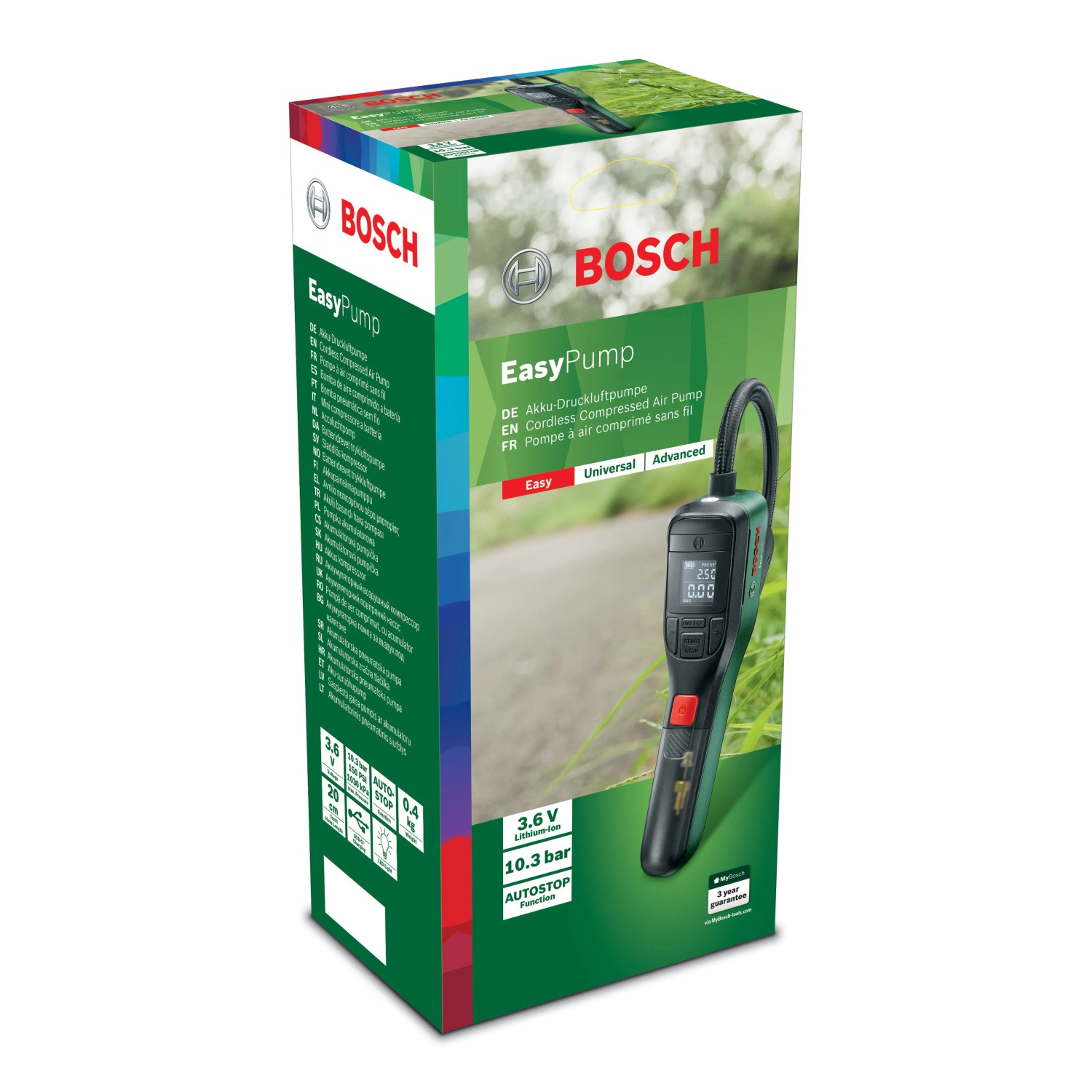 Confezione della pompa ad aria a batteria Bosch EasyPump. Pompa portatile con display digitale.