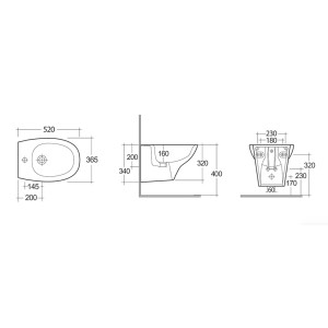 Disegno tecnico di un bidet t.b.t. con dimensioni.