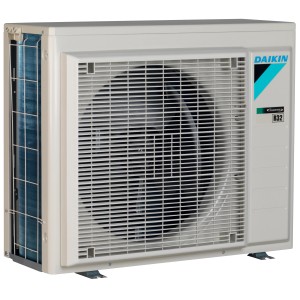 Unità esterna Daikin Climatizzatori, rivestimento bianco con griglia di ventilazione.