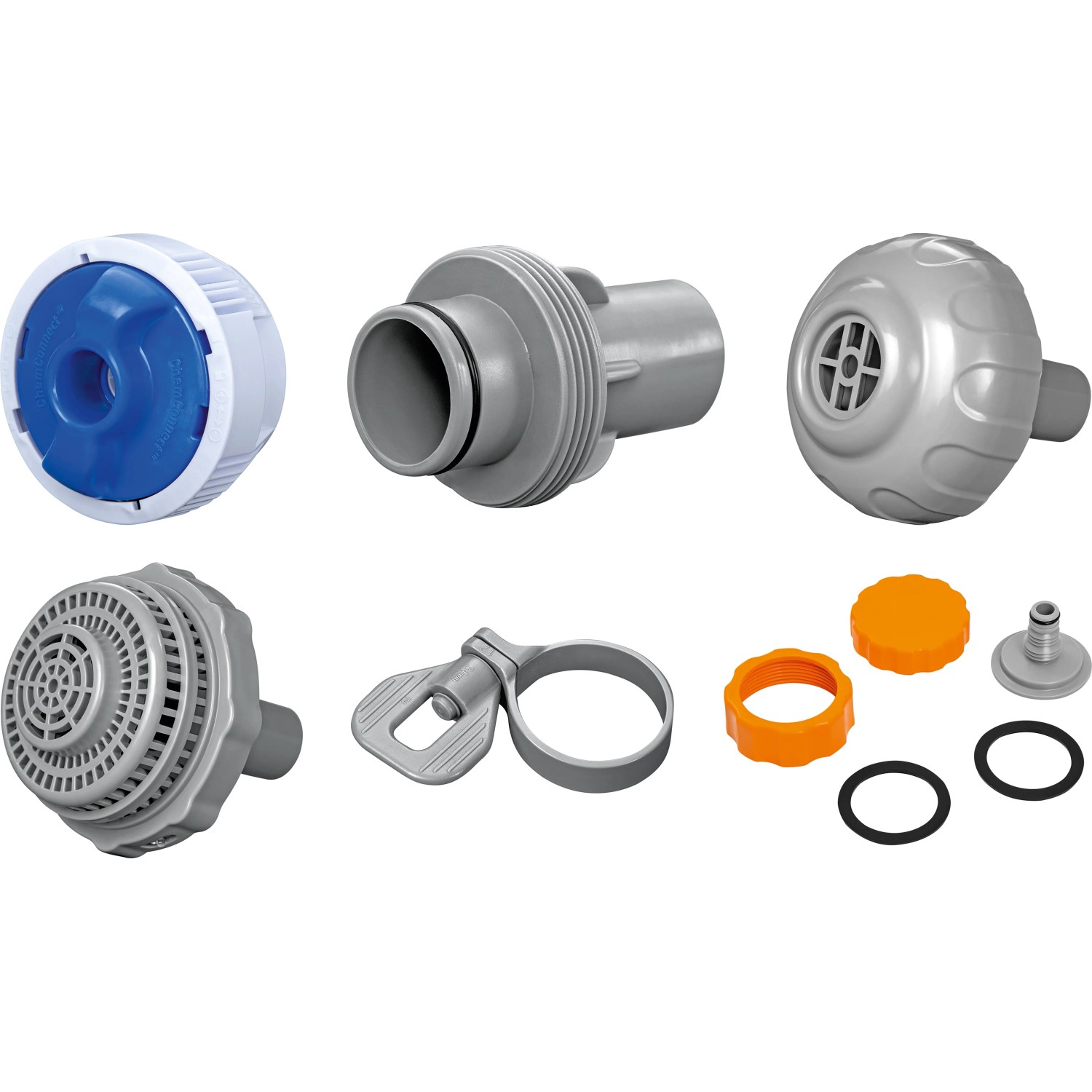 Accessori per pompa filtro a sabbia Bestway: ugelli, adattatori, guarnizioni e morsetti.