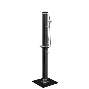 Doccia da giardino nera con doccetta e ripiano per uso esterno.