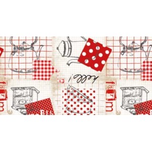 tovaglia t.b.t. con motivi di teiere e stoviglie.