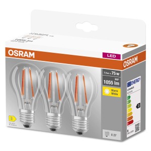 Confezione di lampadine LED E27 Osram, bianco caldo, 7.5W, confezione da 3.