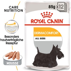 Royal Canin Dermacomfort cibo umido per cani, confezione da 12x85g per pelli sensibili.