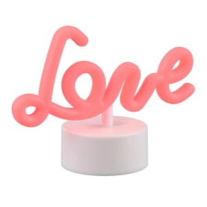 Lampada da tavolo LED bianca Amor con scritta rosa "Love" come elemento decorativo.