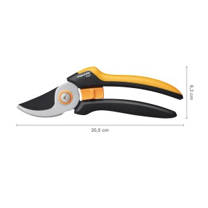 Forbici da giardino bypass Fiskars Solid P341-L, cesoie con manico giallo-nero e dimensioni.
