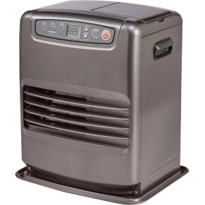 Stufa t.b.t. grigia con display digitale e griglia di ventilazione. Ideale per interni.