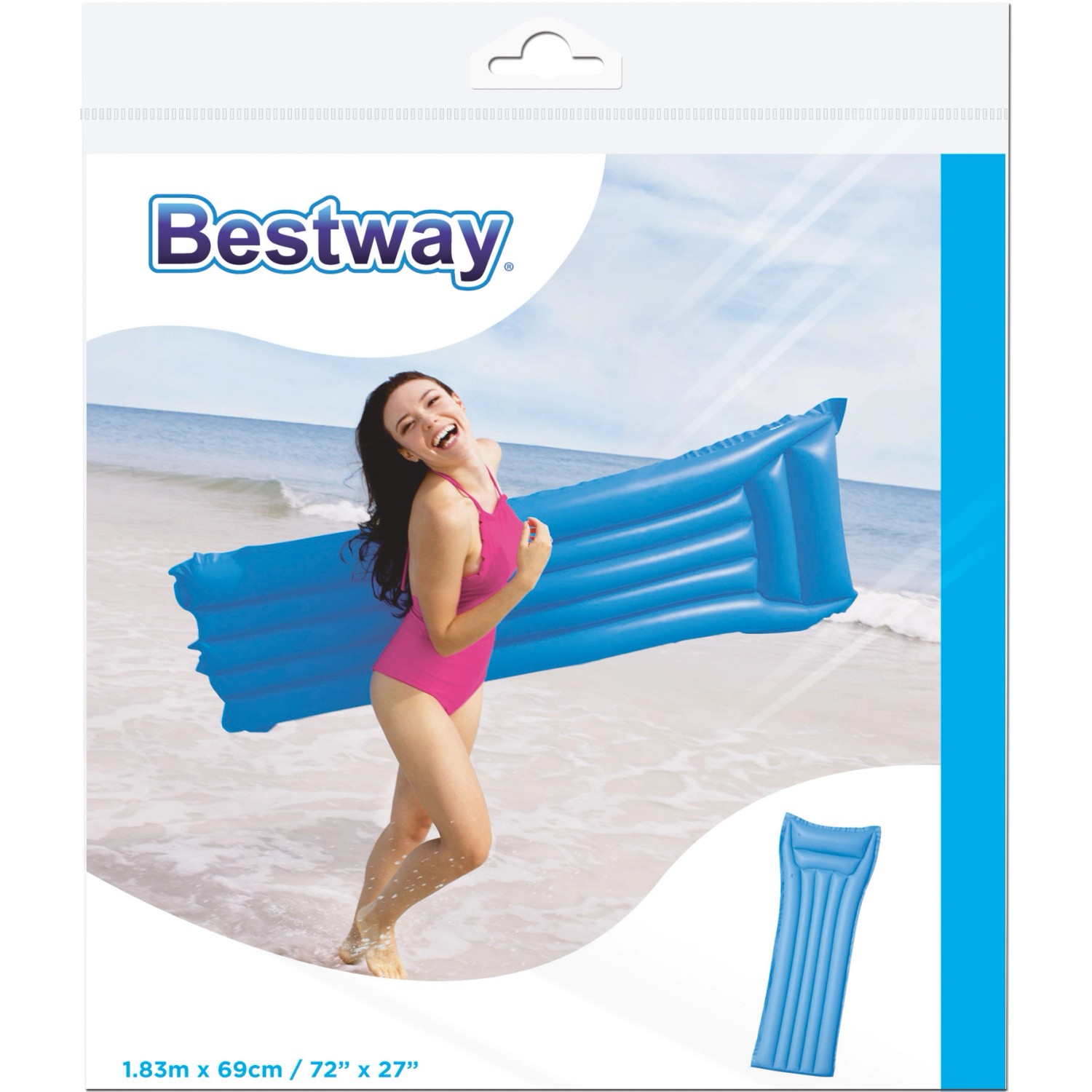 Confezione di un materassino gonfiabile Bestway blu con donna sulla spiaggia.