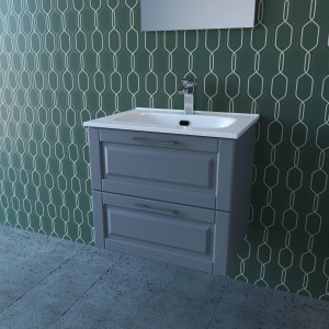 Mobile bagno grigio con due cassetti e lavabo bianco. Arredo bagno.