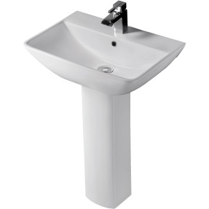 Lavabo bianco t.b.t. con rubinetto e colonna. Design moderno per il bagno.