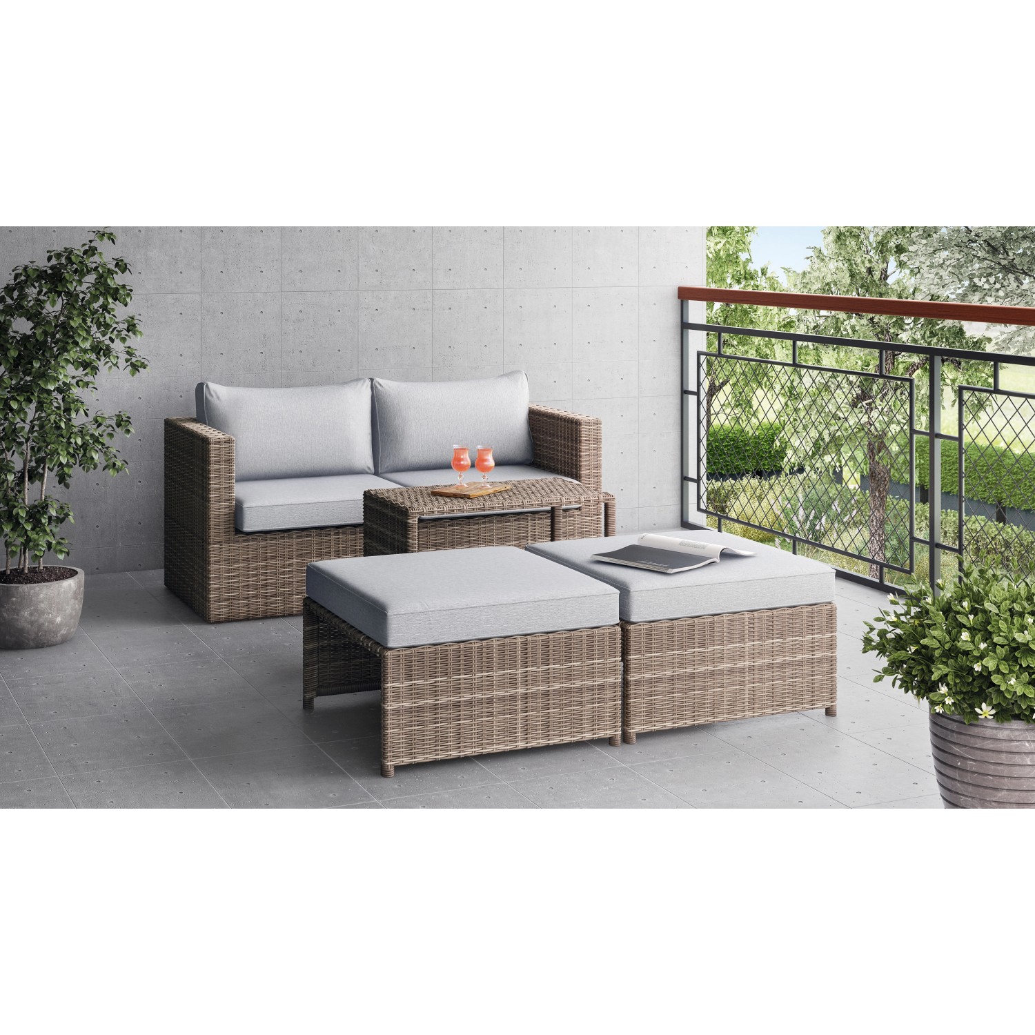 Set lounge Olea Compact da 3 pezzi in polyrattan color sabbia con cuscini grigio chiaro per balcone o terrazza.