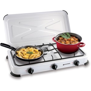 Fornello da campeggio con pentola e padella. Ideale per il campeggio e la cucina all'aperto.