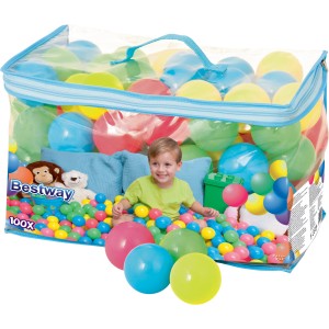 Palline Bestway per piscine per bambini, 100 pezzi in vari colori, confezionate in una borsa trasparente con zip.