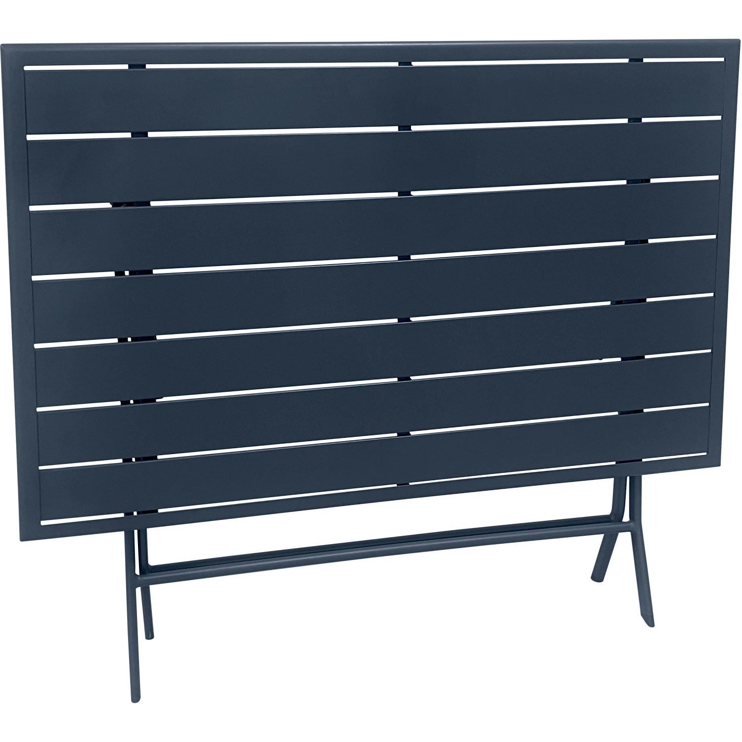 Tavolo da giardino blu con design a listelli, ideale per balconi e terrazzi.